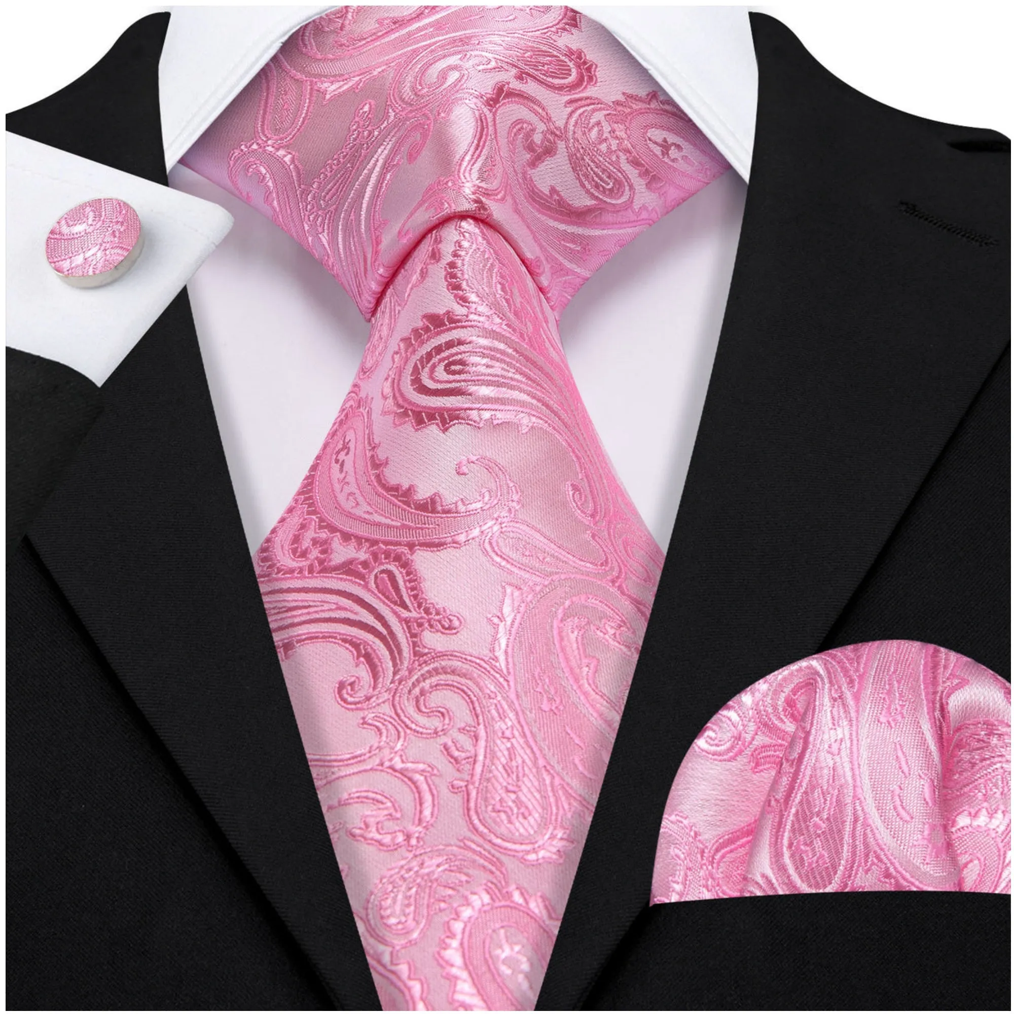 Men's Pink Paisley 100% Silk Neck Tie With Matching Hanky And Cufflinks Set