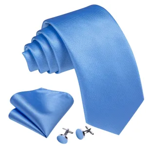 Men's Sky Blue Solid Color 100% Silk Neck Tie With Matching Hanky And Cufflinks Set