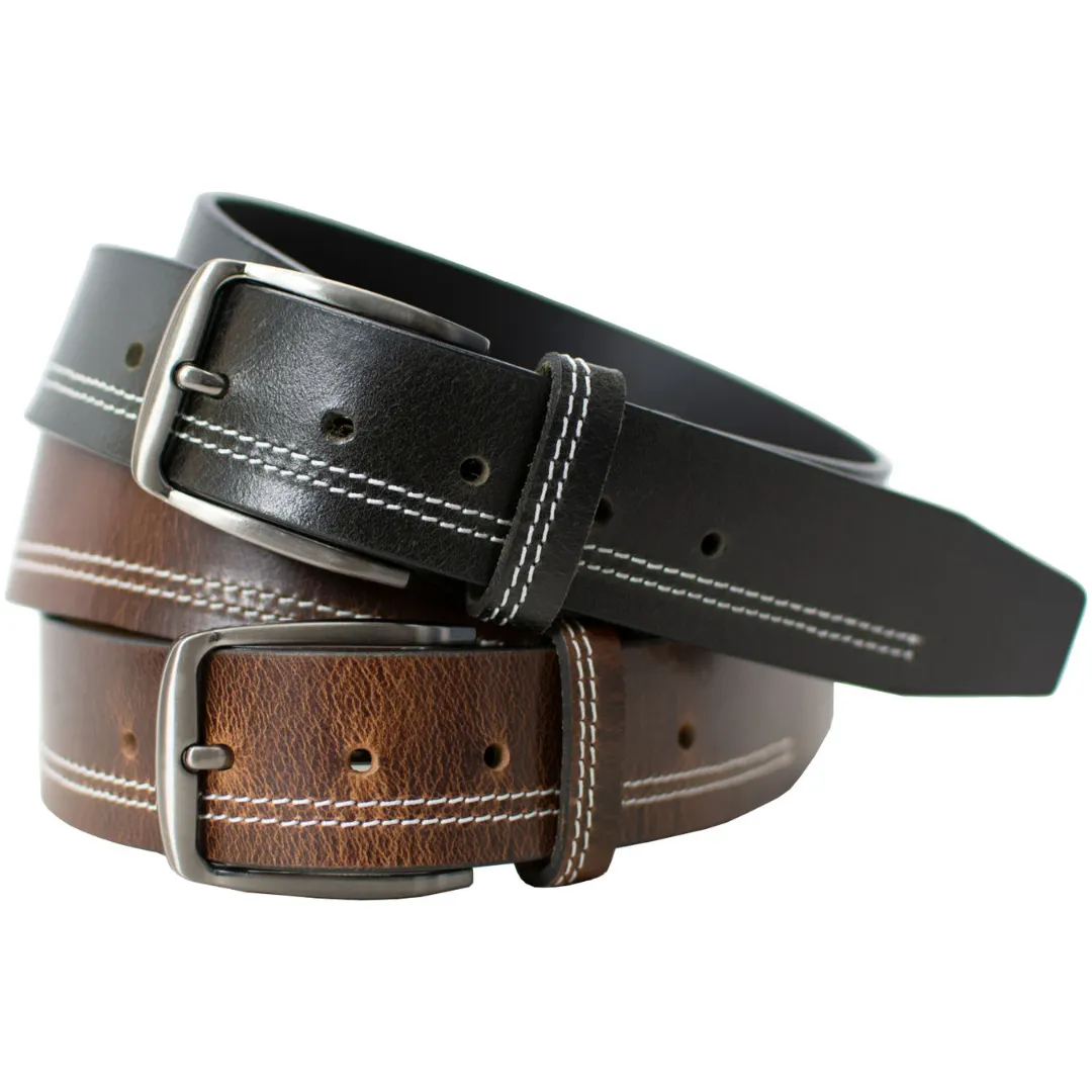 Millennial Black Stitched and Brown Stitched Leather Belt Set by Nickel Zero®