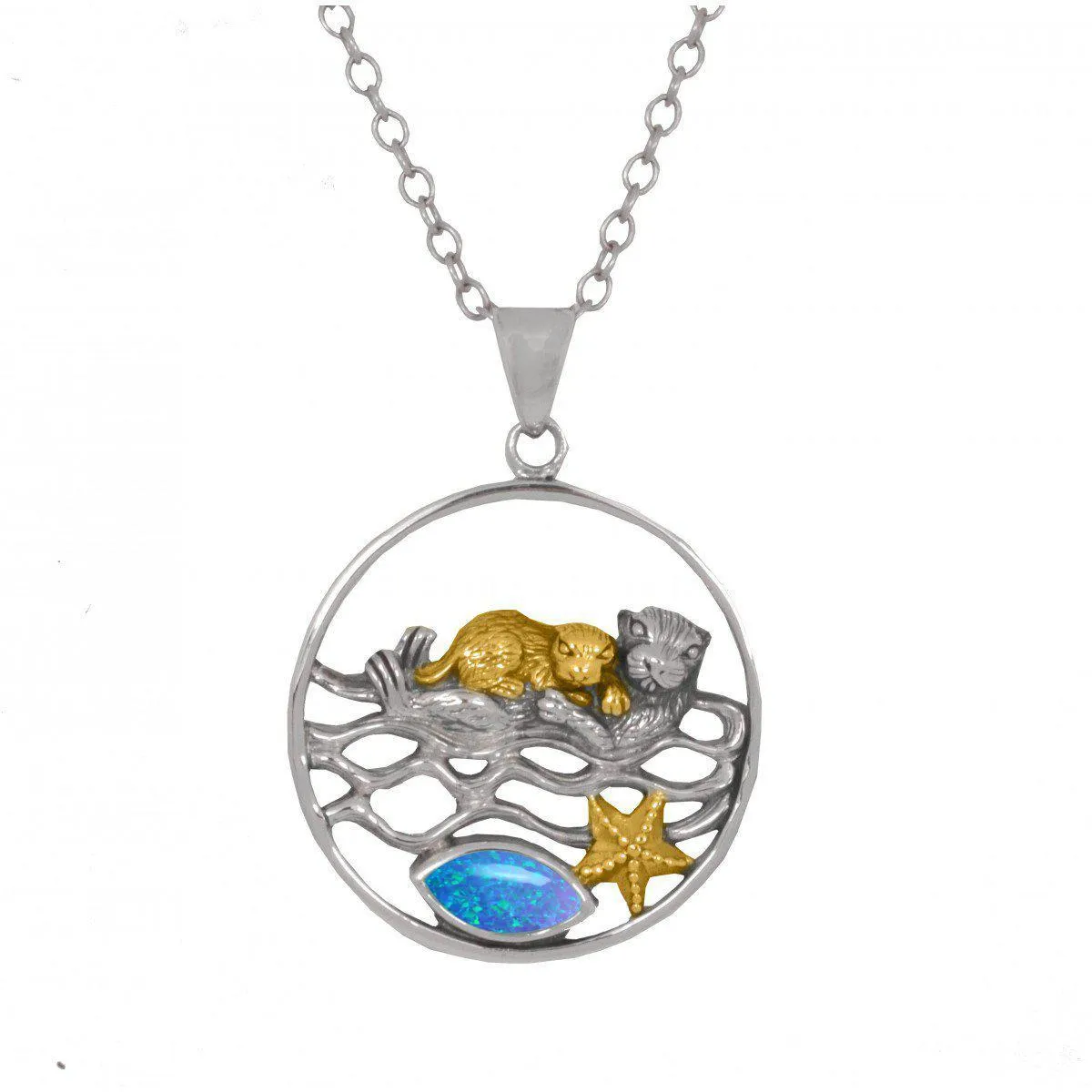 Mother Otter with Golden Baby Oxidized Silver Pendant Necklace with Marquise Blue Opal and Gold Starfish