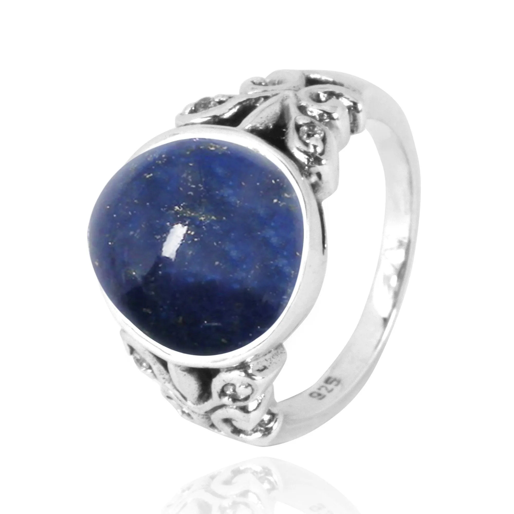 Oval Lapis Oxidized Silver Ring with Butterflies and White CZ with 4 Round Shape White CZ Stones