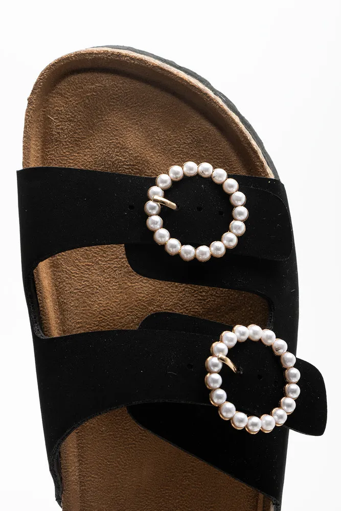 Pearl Buckle Cork Sandal Black