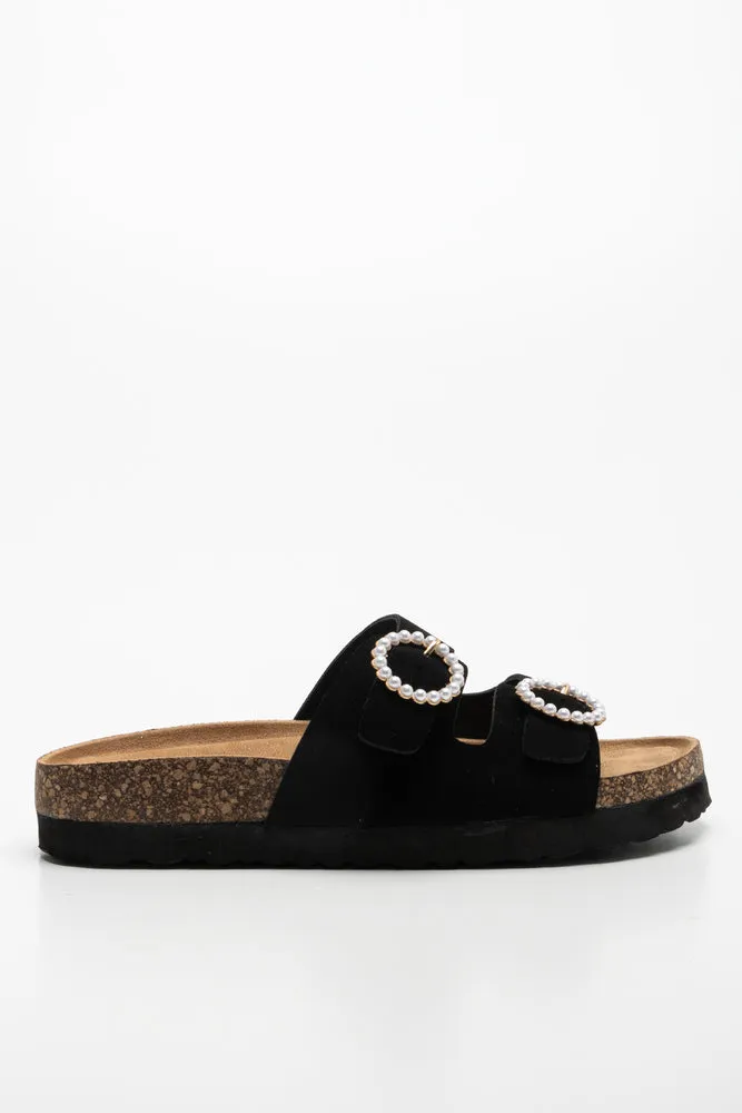 Pearl Buckle Cork Sandal Black