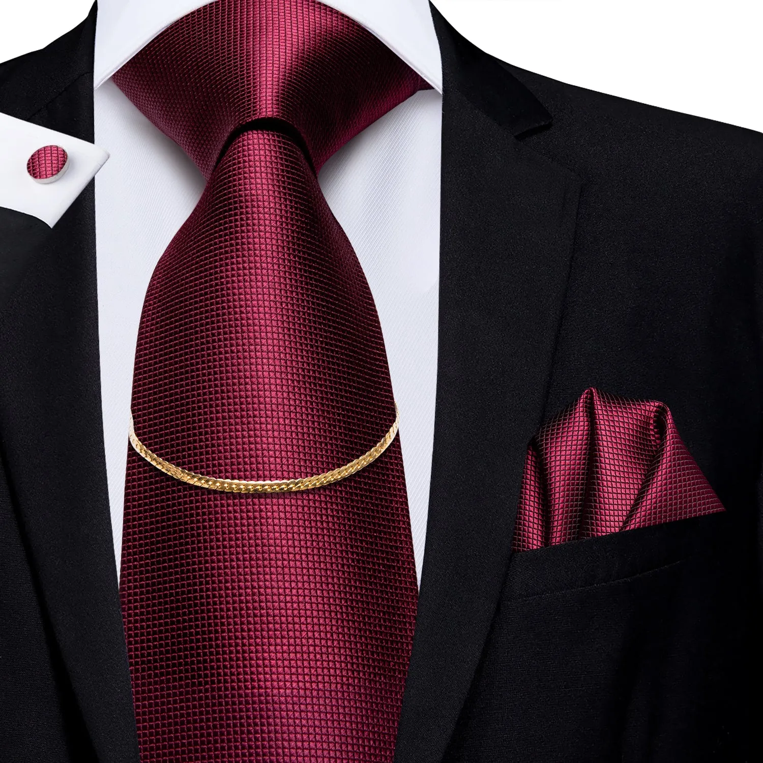 Red Solid Men's Tie Pocket Square Cufflinks Set With Golden Chain