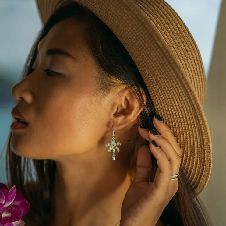 Sterling Silver Palm Tree Earrings with Larimar and White Topaz