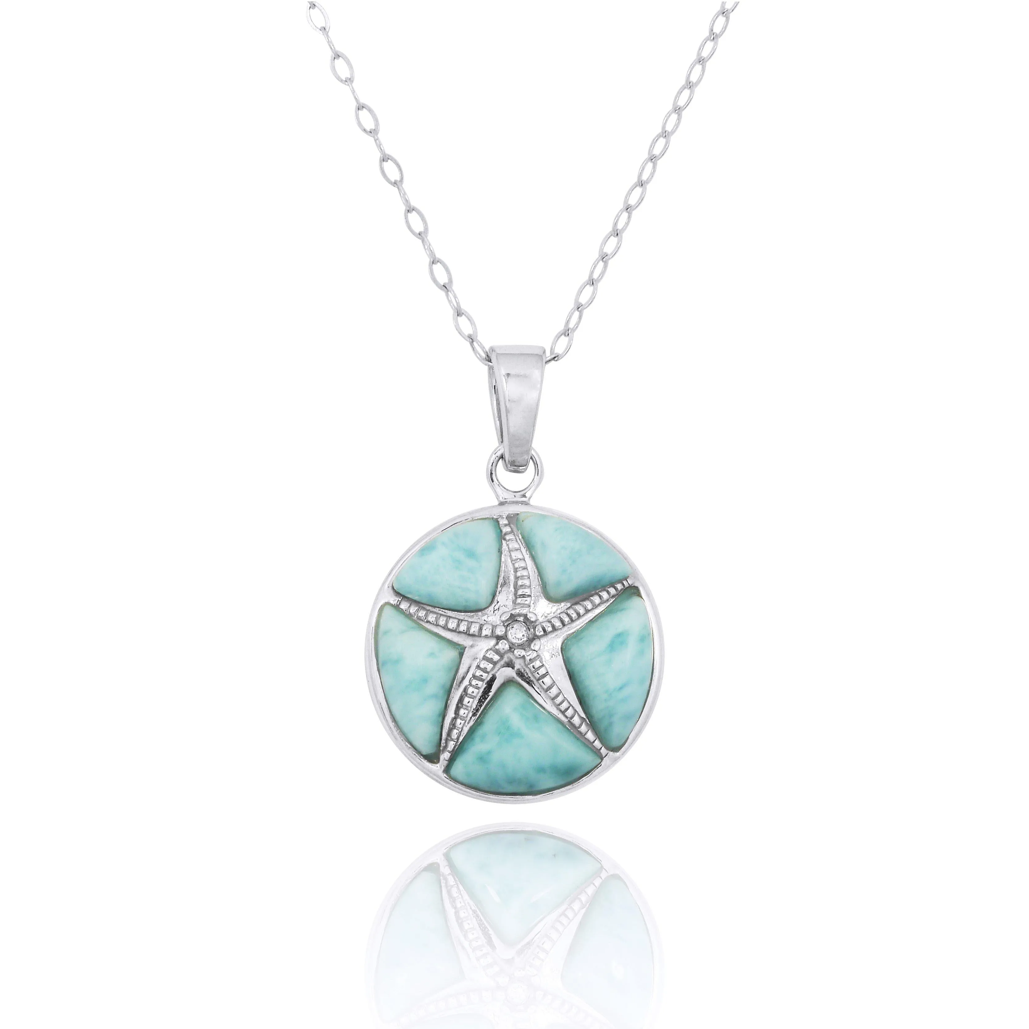 Sterling Silver Starfish Pendant Necklace with Crystal and Larimar