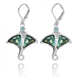 Sterling Silver Stingray with Abalone Shell and Swiss Blue Topaz Lever Back Earrings