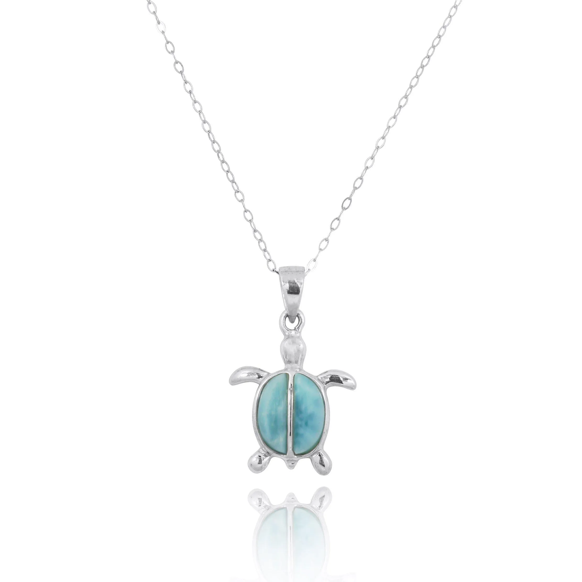 Sterling Silver Turtle Pendant Necklace with Two Larimar Stones