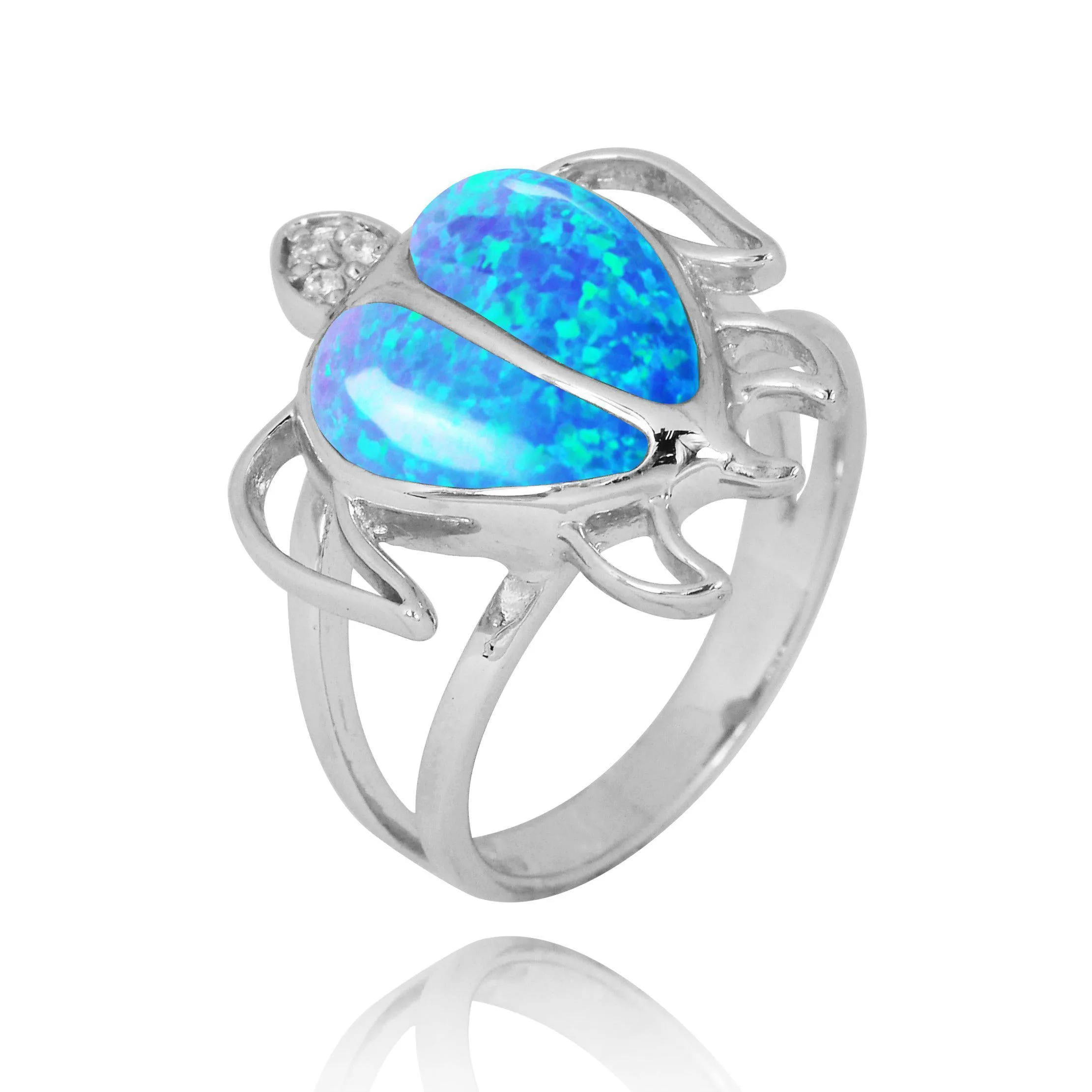 Sterling Silver Turtle Ring with Blue Opal and White CZ