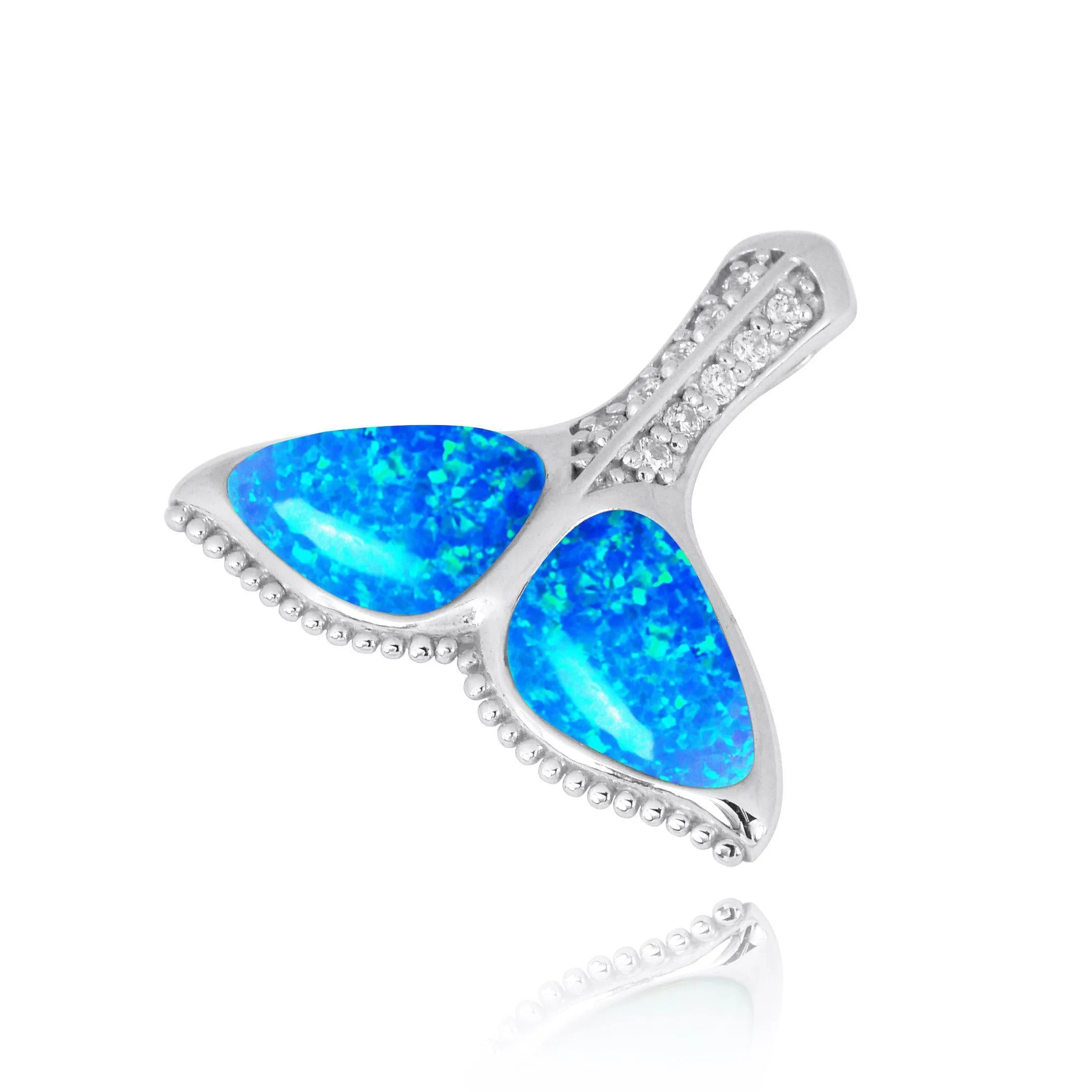 Sterling Silver Whale Tail with Blue Opal and White CZ Pendant Necklace