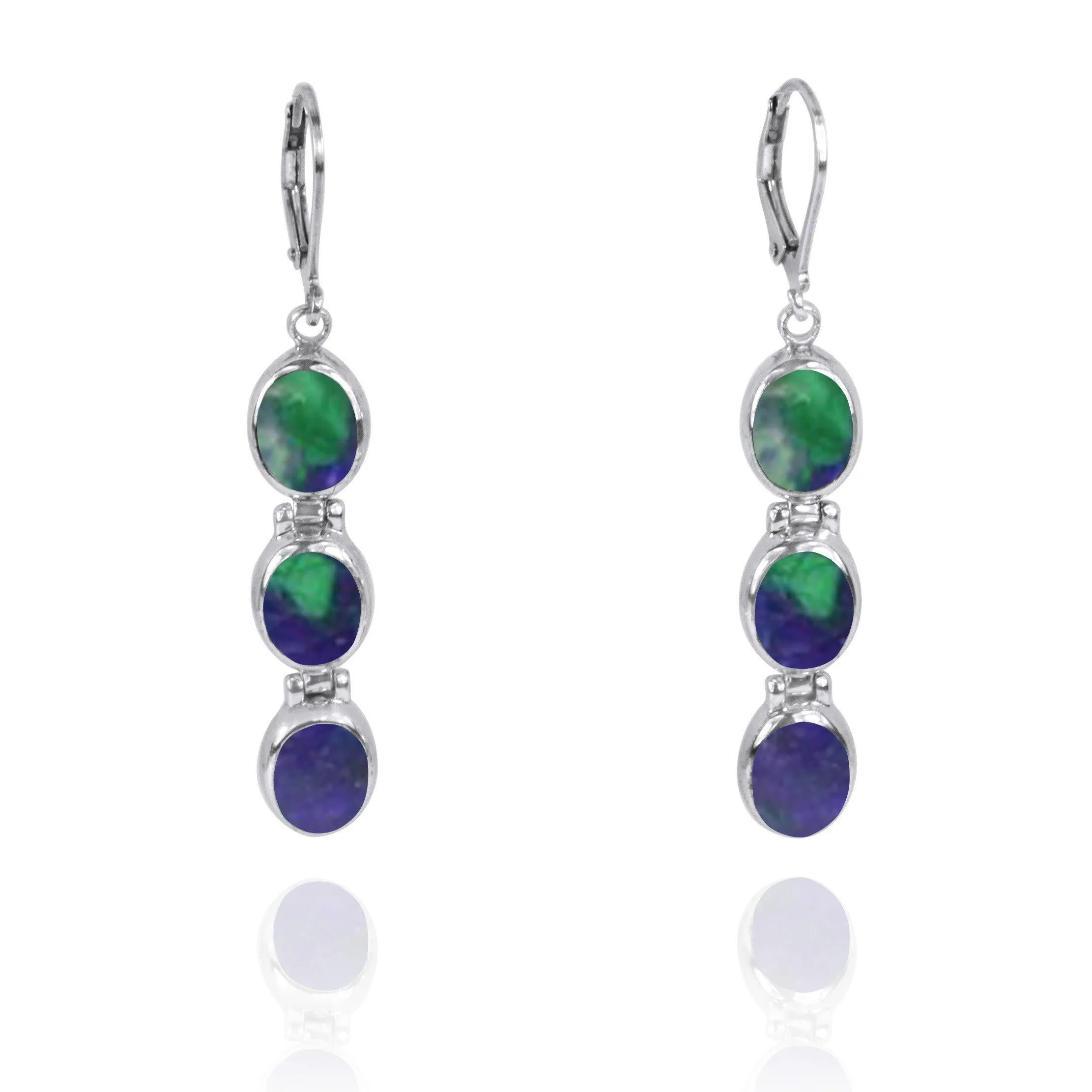 Triple Oval Azurite malachite Sterling Silver Lever Back Earrings