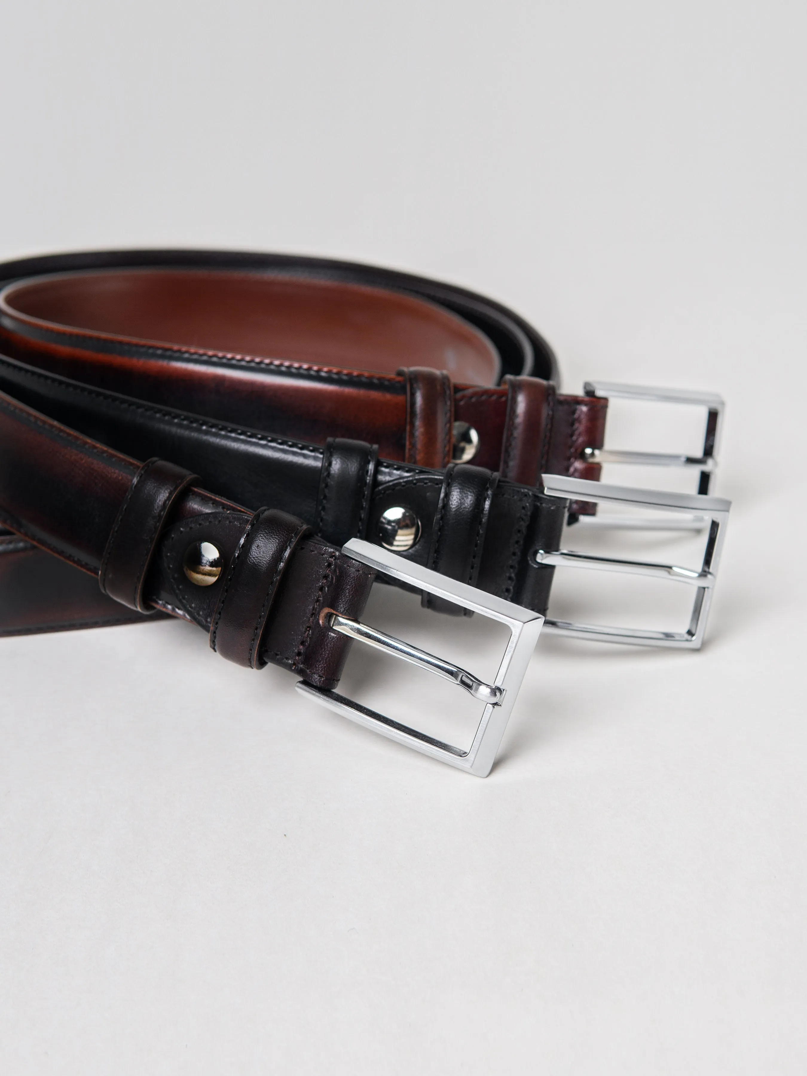 Wave Polished Leather Belt with Silver-toned Buckle