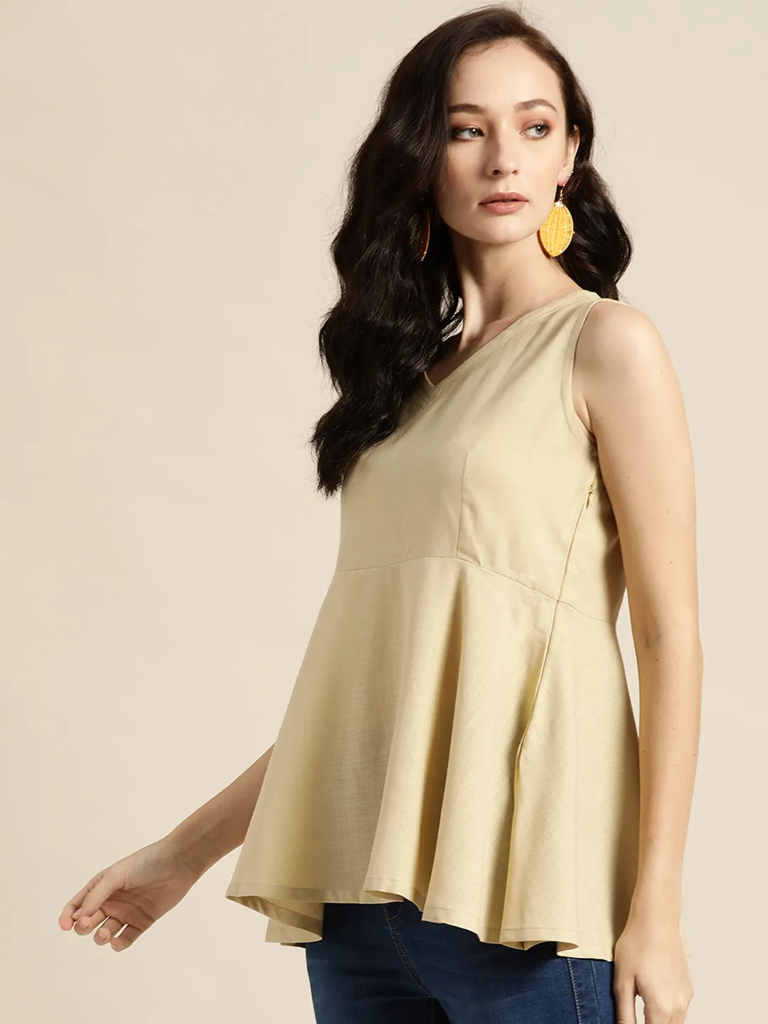 Women Beige Sleeveless Peplum Top