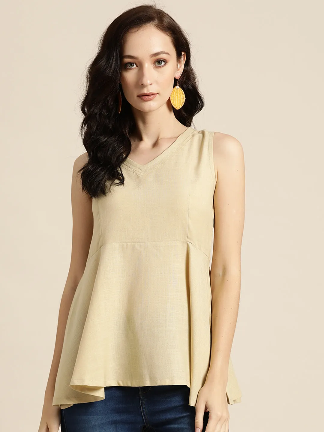 Women Beige Sleeveless Peplum Top