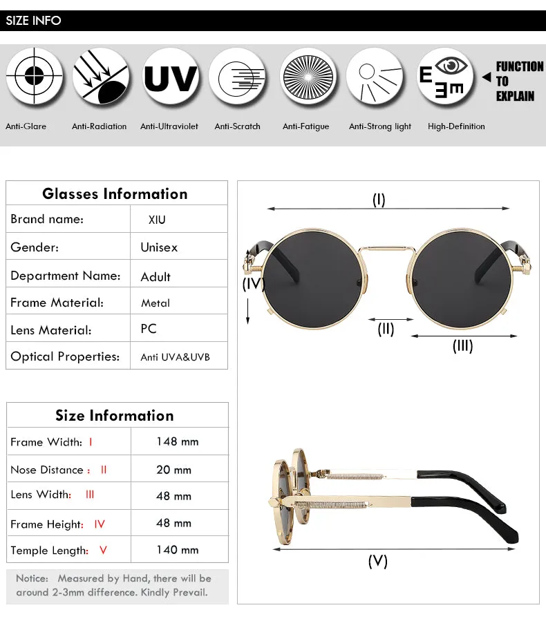 Xiu Oem Round Circle Steampunk Sunglasses Men Women Mirror Lens Uv400